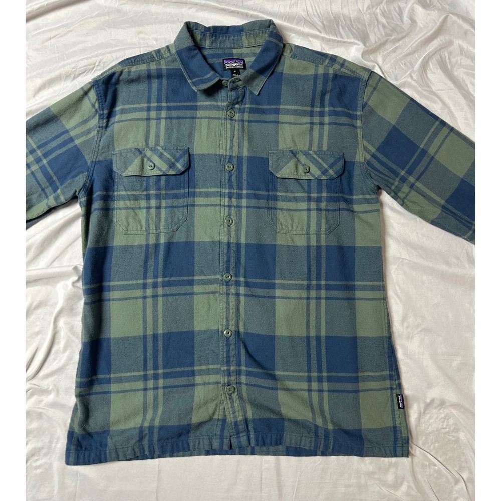 Patagonia Organic Cotton Flannel Shirt Mens XL Blue Green Plaid Long Sleeve